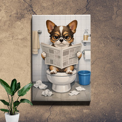 Funny Chihuahua Reading Newspaper on Toilet Canvas Wall Art Humorous Dog Print