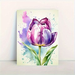 Framed Canvas Watercolor Purple Tulip Splash Ink Soft Floral Decor