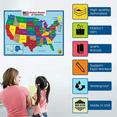 United State Map Laminated Poster -Double Side Educational Poster for Kids/Adult