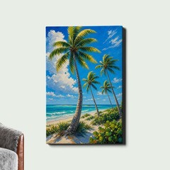 Three tall palm trees Canvas Print against a bright sky with airy tropical feel