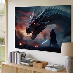 Dramatic Fantasy Scene Featuring A Massive, Intricately Detailed Dragon Wall Art