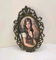 VTG Italian Florentine Brass Frame Portrait Lady Oval Gallery Wall Art 8″