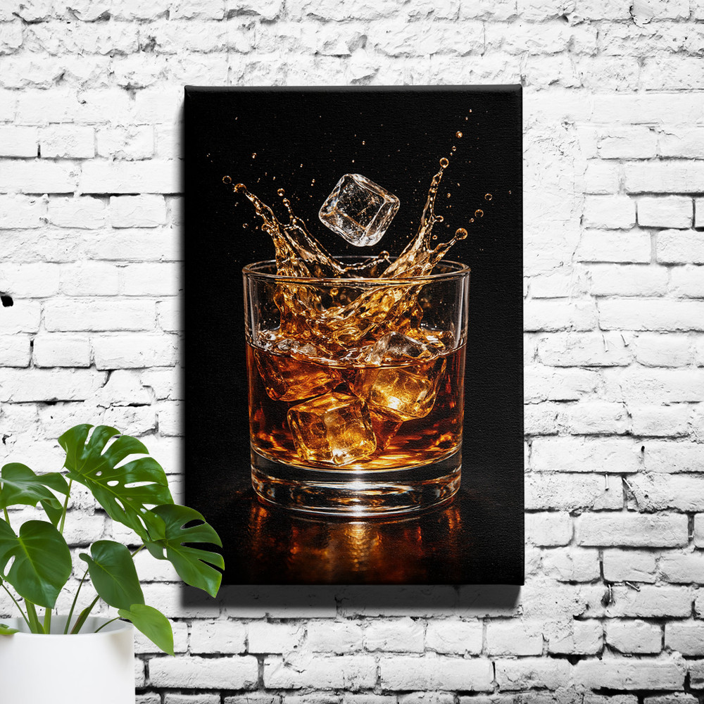 Whiskey Glass With Ice Cubes Canvas Wall Art Modern Framed Bar Drink Print