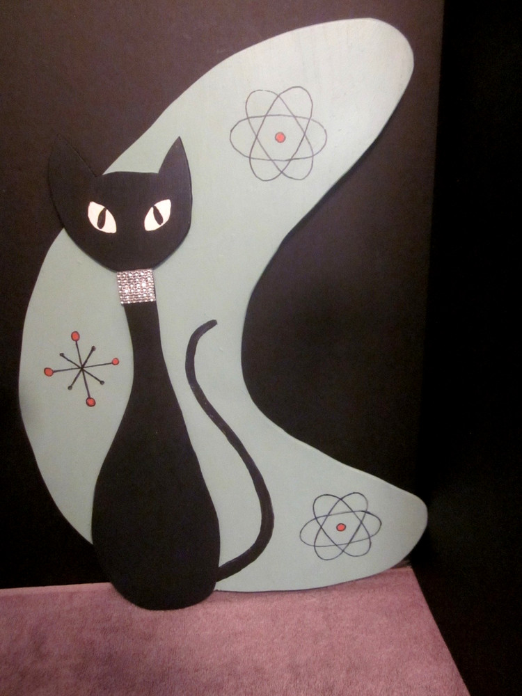 Wood Atomic Cat Wall Art Mid-Century Modern Retro hand made
