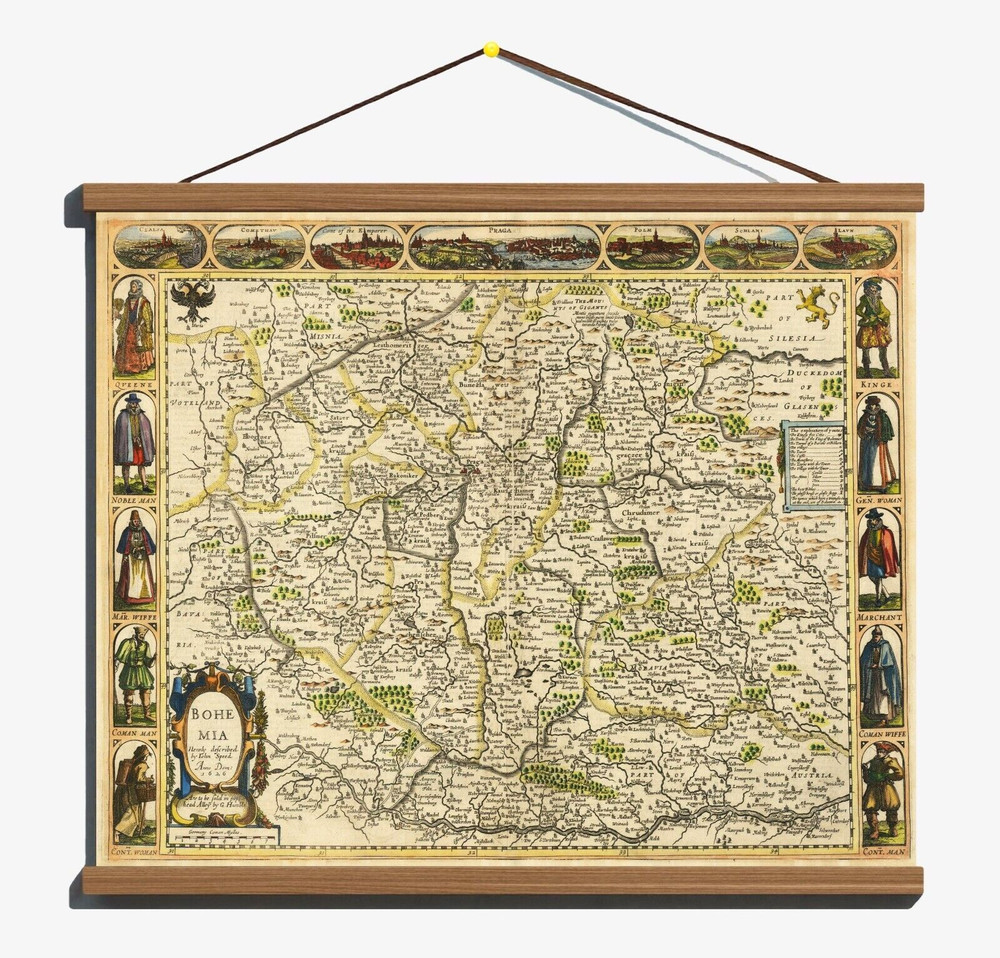 Ancient 1626 Early Antique Decorative Map of Bohemia Cotton Canvas Wooden Hanger
