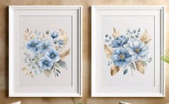 Floral Wall Art Prints, Set of 2 Blue Floral Wall Art Prints, Botanical Decor #2
