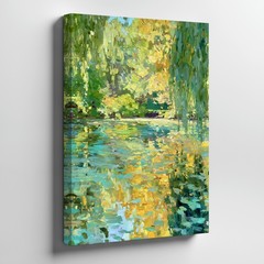 Vibrant Impressionist Canvas Wall Art With Lush Greenery And Pond Reflections