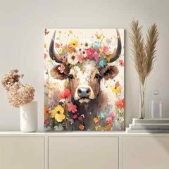 Framed Canvas Vibrant Floral Crown Cow Wall Art – Perfect for Living Room
