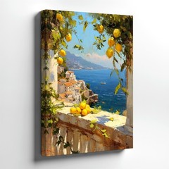 Wall Art Lemon Coastal Village Seascape Painting Mediterranean Window Decor