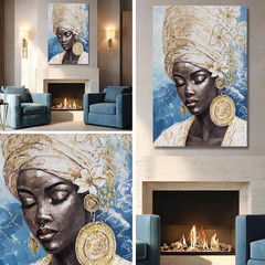Blue Gold Black Woman Canvas Art – 32×48″ Modern Portrait for Home & Office