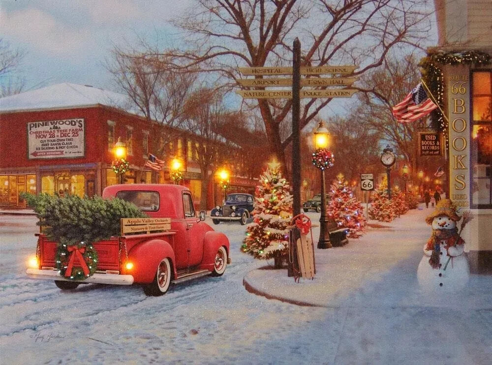 NEW CHRISTMAS Canvas RETRO LOOK LED Print TOWN VILLAGE TIMER Snow 14.5″H x 20″W