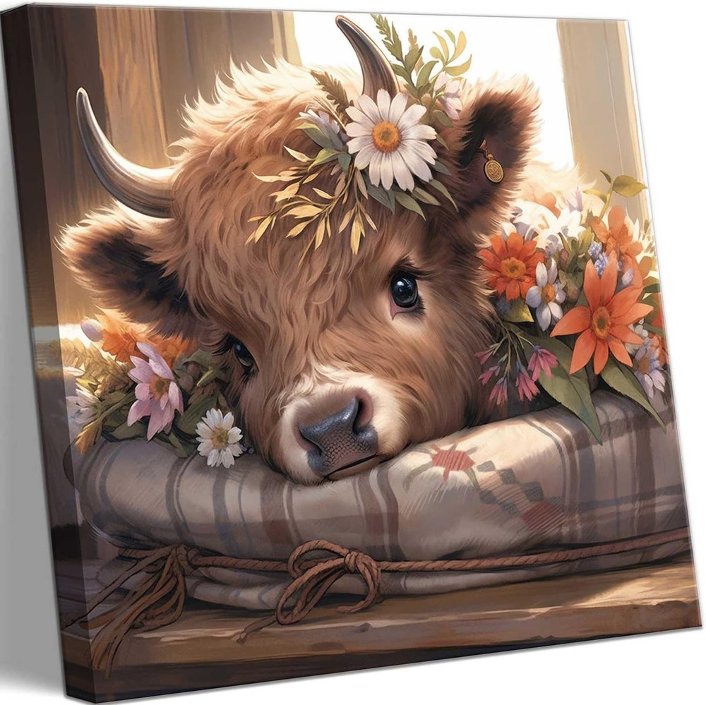 Cute Highland Cow Baby Canvas Wall Art Rustic Farmhouse Daisy Print Wall Decor P
