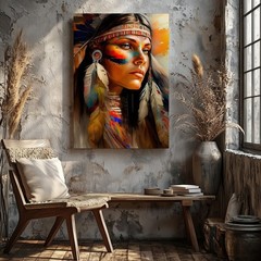 Native American Woman With Feather Headdress And Vibrant Face Paint Canvas Art
