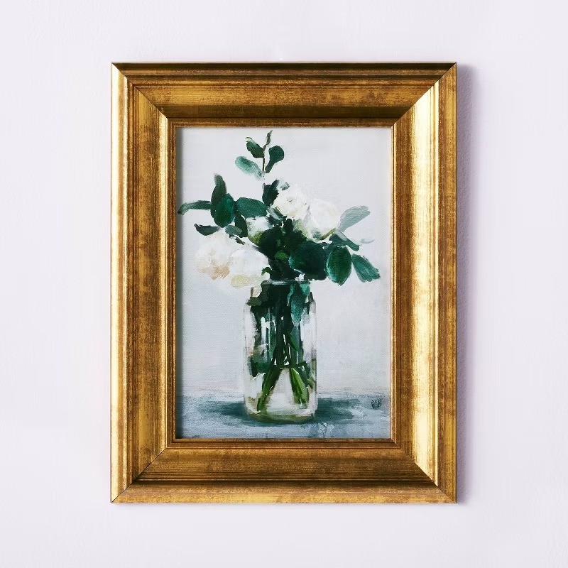 11" x 14" Floral Arrangement Framed Wall Canvas Gold/Whit