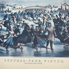 Currier & Ives Central Park Winter Skating Pond Print Vintage Frame MCM