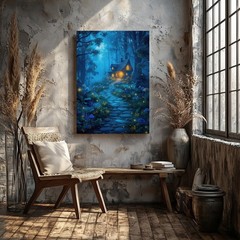 Whimsical, Enchanted Forest Scene At Twilight, Featuring A Cozy, Rustic Wall Art