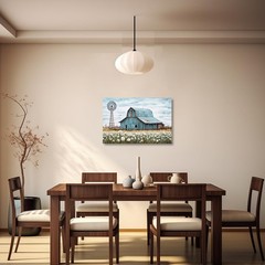 Turquoise Barn Canvas Wall Art – Rustic Teal Old Barn and Windmill Flowers Pa…