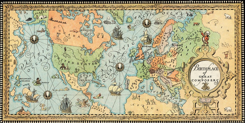 c1935 Pictorial Map of Birthplace of Great Composers Classical Music Lovers Gift