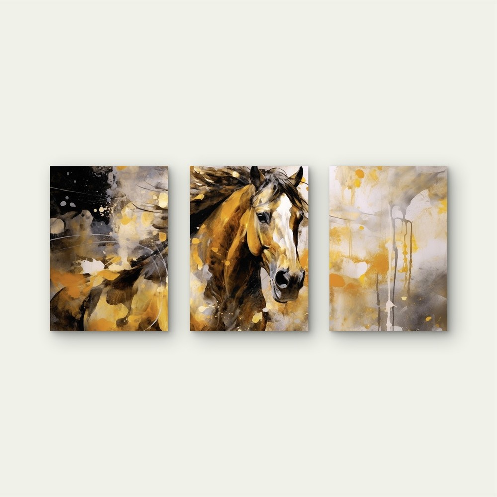 3pcs Abstract Golden Horse Painting Ochre Grey Wall Art Canvas Framed 50x70cm