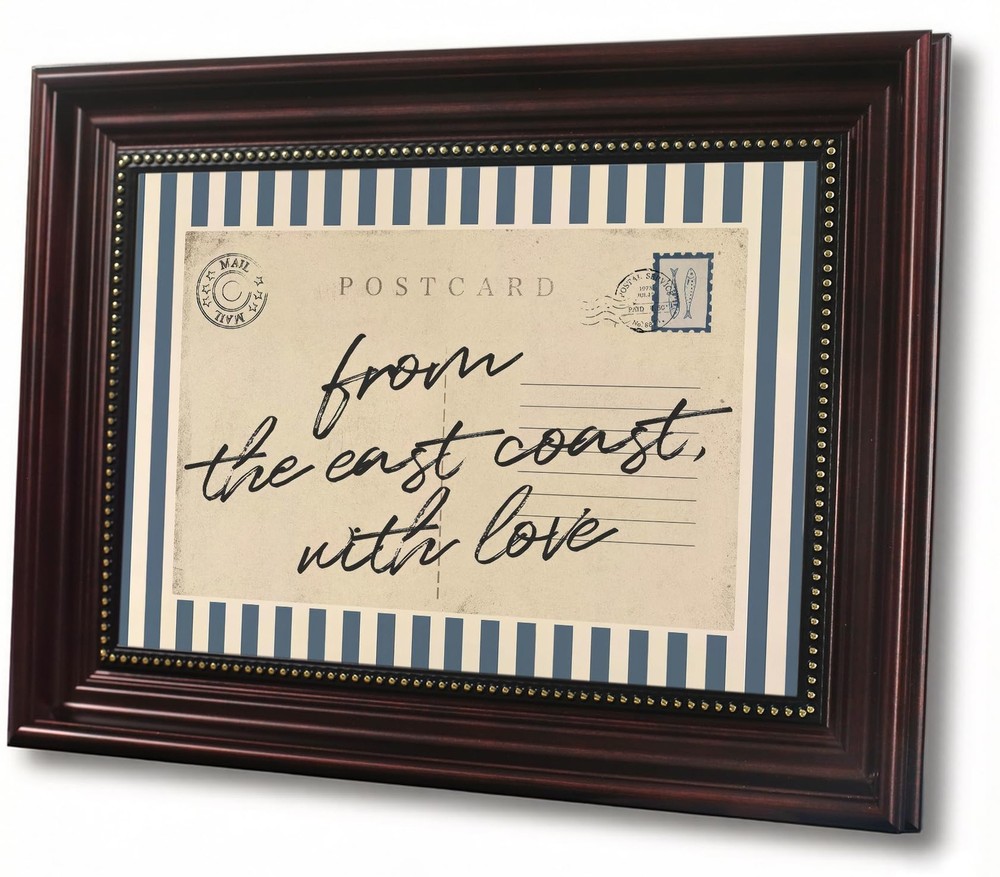 Framed Vintage Coastal PostCard Canvas Wall Art Blue Stripes With“From the Ea…