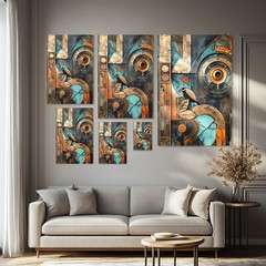 Abstract Art Deco Style Wall Art Print on Canvas Modern Gold Teal Copper Artwork
