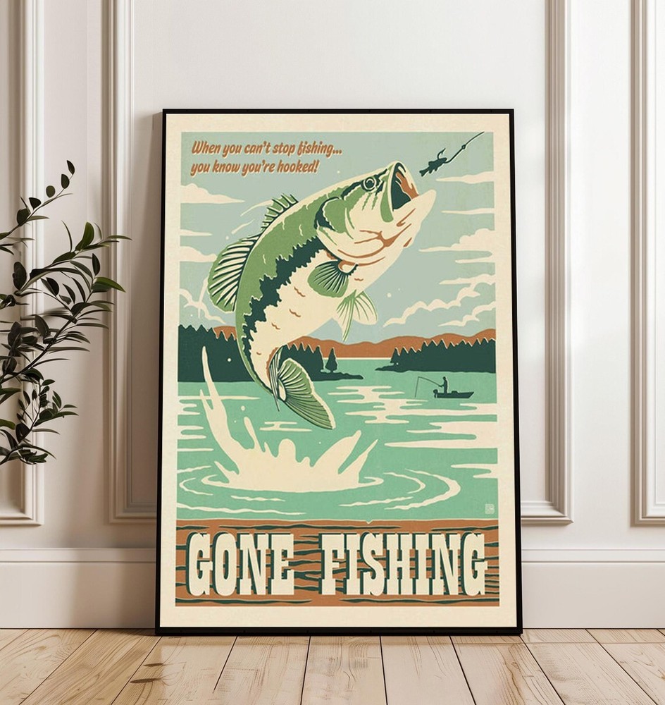 Vintage Gone Fishing Bass Poster Retro Angler Wall Art Classic Fishing Decor