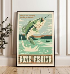 Vintage Gone Fishing Bass Poster Retro Angler Wall Art Classic Fishing Decor