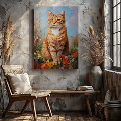 Orange Tabby Cat In Vibrant Flower Garden Canvas Wall Art Print Decor Wall Home