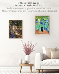 Natural OAK Wood Unique Framed Wall Art, 12x16in Claude Monet Garden Cat Funn…