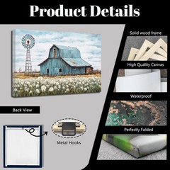 Turquoise Barn Canvas Wall Art – Rustic Teal Old Barn and Windmill Flowers Pa…