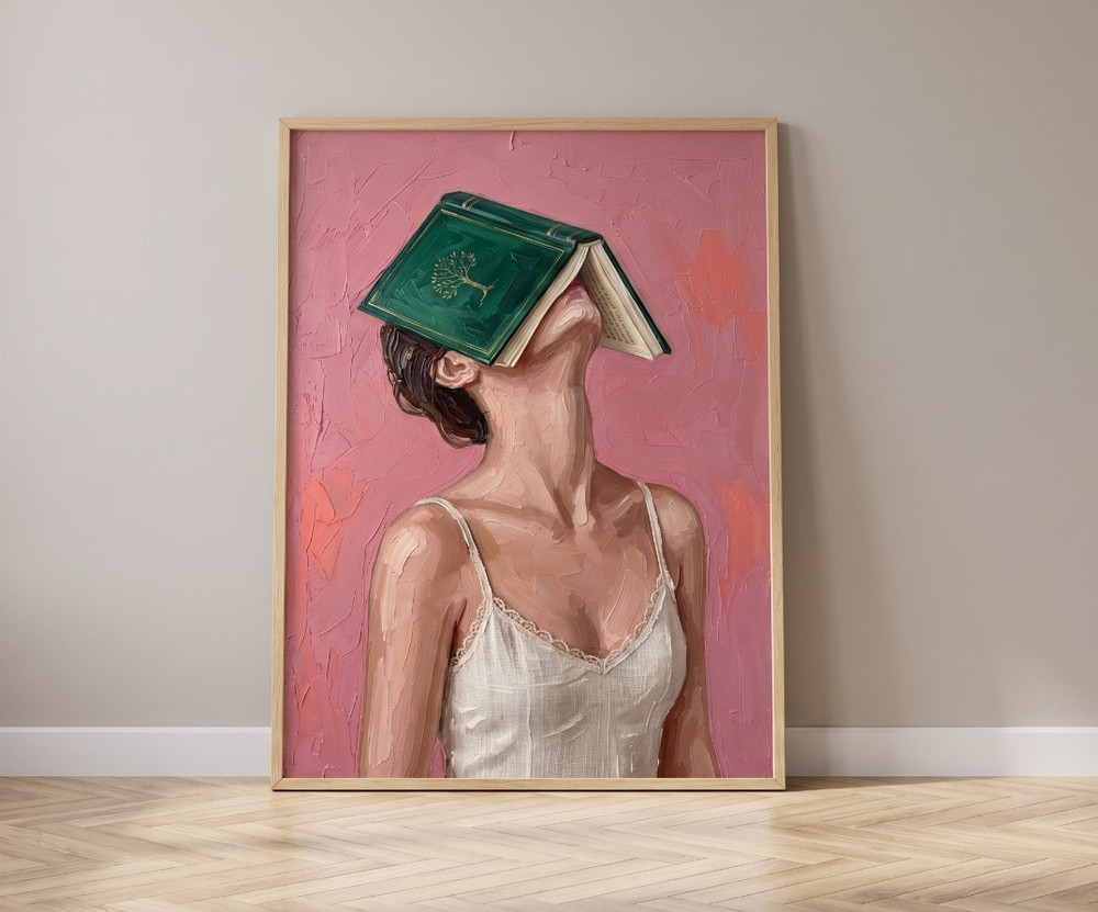 Modern Girl with Green Book Poster Romantic Pink Bedroom Wall Art Canvas Print