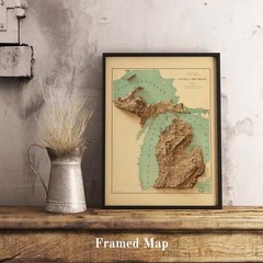 Michigan Map, Michigan 2D Relief Map, Michigan Vintage Map – 2D Flat Print