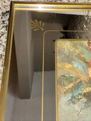 VINTAGE Daliahs In Delft Vase Print Mirror Mat, Framed MCM 17 1/4”Hx14 1/4”W