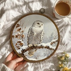 Owl Wall Art Decor, Vintage Snowy Forest Wildlife Round Hanging Artwork, Rust…
