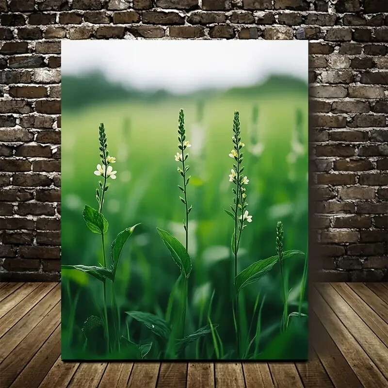 Beautiful Green Mint Grass Meadow with White Flowers Metal Print Ready to Hang