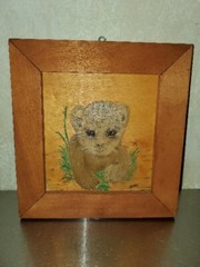 Adorable Vintage Lion Wild Cat Cub Painting On Wood Wall Picture Decor