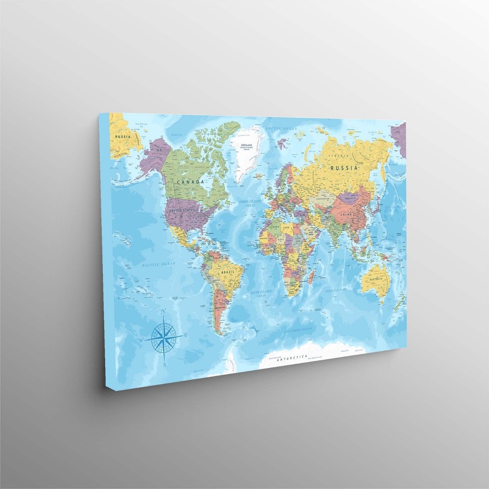 Classic World Map Poster on Canvas Traditional Political Global Map Countries Co