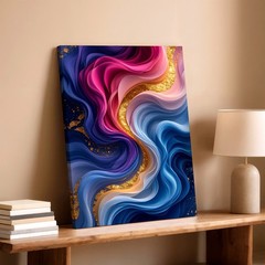 Wall Art Abstract Fluid Waves Pink Blue Purple Gold Glitter Modern Canvas Poster
