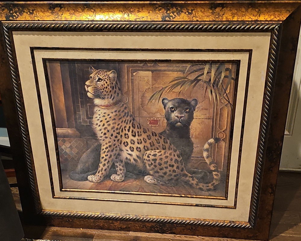 Framed Leopard Print Wall Art, Horizontal Animals Theme, Brown Beige Black