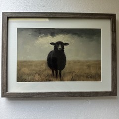 Black Sheep/Lamb In Field Framed Artwork Canvas Neutral Colors 10×14 Cottagecore