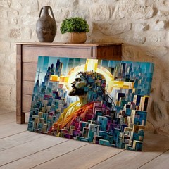Abstract geometric cityscape with halo figure modern art canvas wall decor print