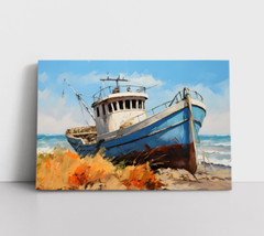 Old Fishing Boat Coastal Painting Print on Framed Canvas, Nautical Coastal Decor