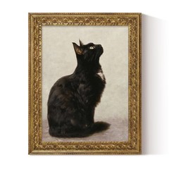 Vintage Gold Framed Wall Art, Black Cat Oil Painting Style Artwork, Animal Po…