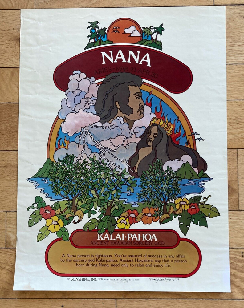Vintage Hawaiian Astrology Poster Aries Goddess NANA Kalai Pahoa Sunshine 1974