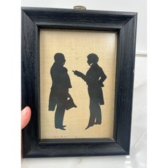 Vintage Victorian Silhouette Art Set of 2 Black Wood Frames Burlap Background