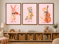 Whimsical Cat Wall Art Watercolor Animal Poster Music Decor, Framed 11×17