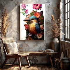 Wall Art Kingfisher Bird Floral Poster Colorful Flower Botanical Print Decor