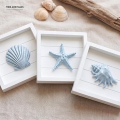 Charming Framed Set of 3 Coastal 3D Wall Art – Blue Seashells & Starfish, 7″x7″