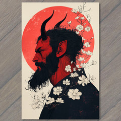 Art Print Red Devil Profile Horns Beard Black Jacket White Flowers Red Circle
