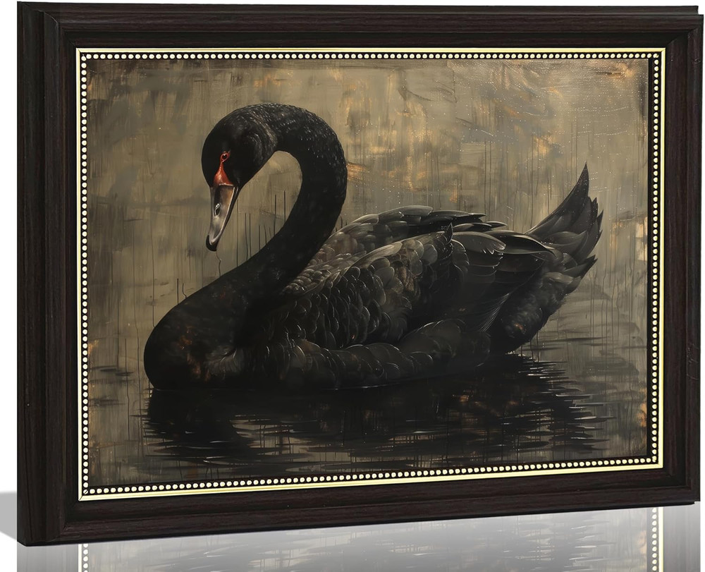 Black Swan Framed Wall Art, Moody Vintage Animal Canvas Print with Gold Accents,